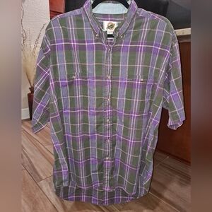 Casual Green and Purple Plaid Button-Down Shirt